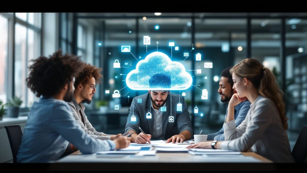 Speak4Me – A person is shown interacting with a futuristic, holographic display of interconnected documents and folders, representing advanced document management.