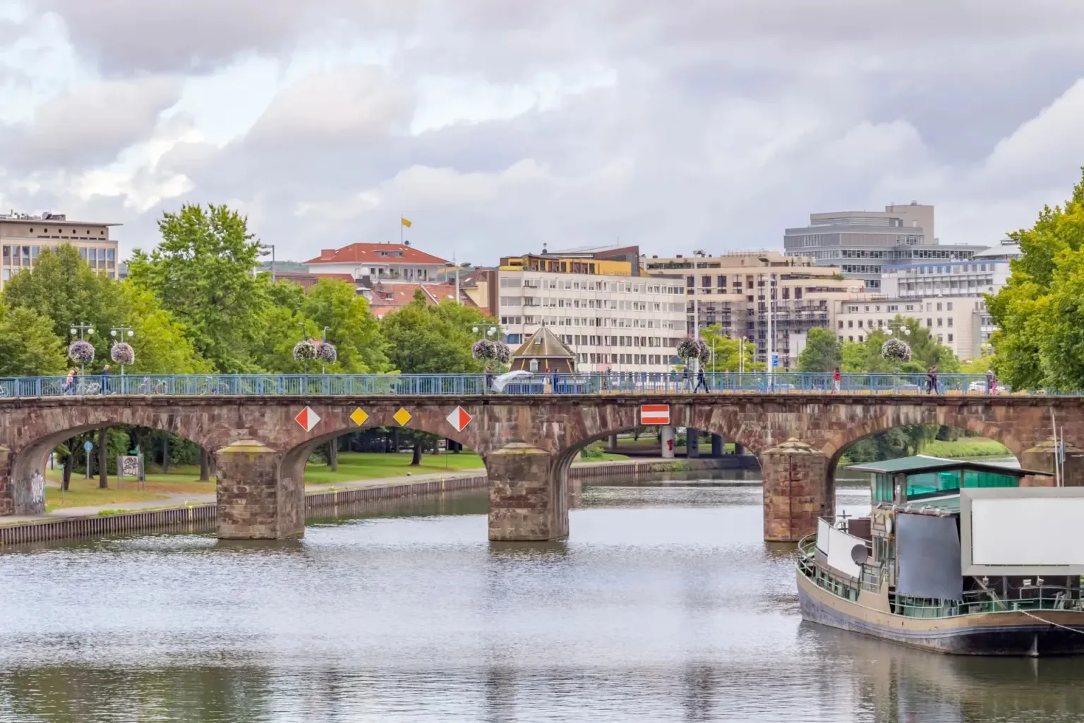 Ein malerischer Blick auf einen Fluss mit einer Brücke und Gebäuden im Hintergrund, unter einem teilweise bewölkten Himmel.