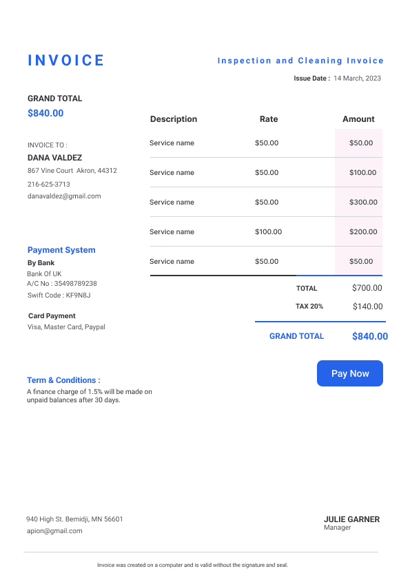 Inspection and Cleaning Invoice