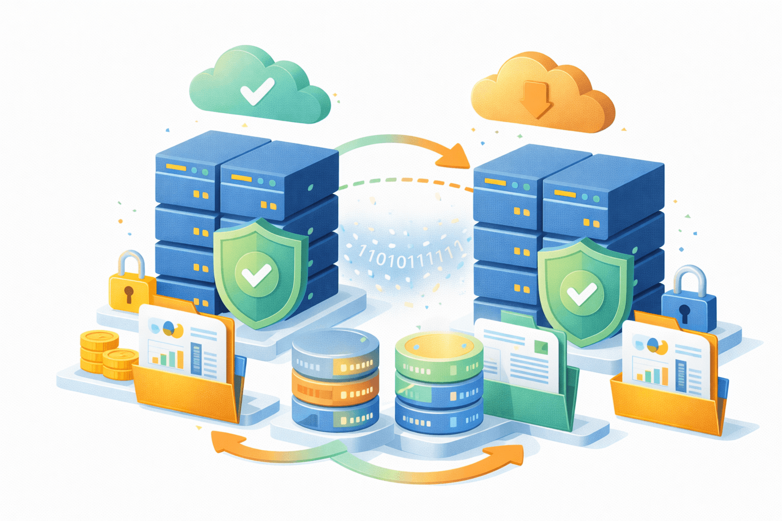 Ilustrasi secure data synchronization & protected cloud replication. Dua tumpukan server aman berada di kiri dan kanan, masing‑masing dilindungi perisai dengan tanda centang dan ikon gembok, menandakan enkripsi serta kontrol akses. Di atasnya terdapat cloud dengan ikon verifikasi (kiri) dan unduhan (kanan), dihubungkan oleh panah sinkronisasi yang menunjukkan replikasi data dua arah.  Di bagian bawah, database silinder, folder dokumen, dan dashboard laporan saling terhubung melalui panah melingkar, menggambarkan pertukaran data terstruktur. Elemen koin dan kartu laporan menandakan nilai bisnis dan insight analitik. Visual merepresentasikan data sharing, backup, dan migration yang aman, terenkripsi, dan tervalidasi antara lingkungan on‑premise dan cloud.