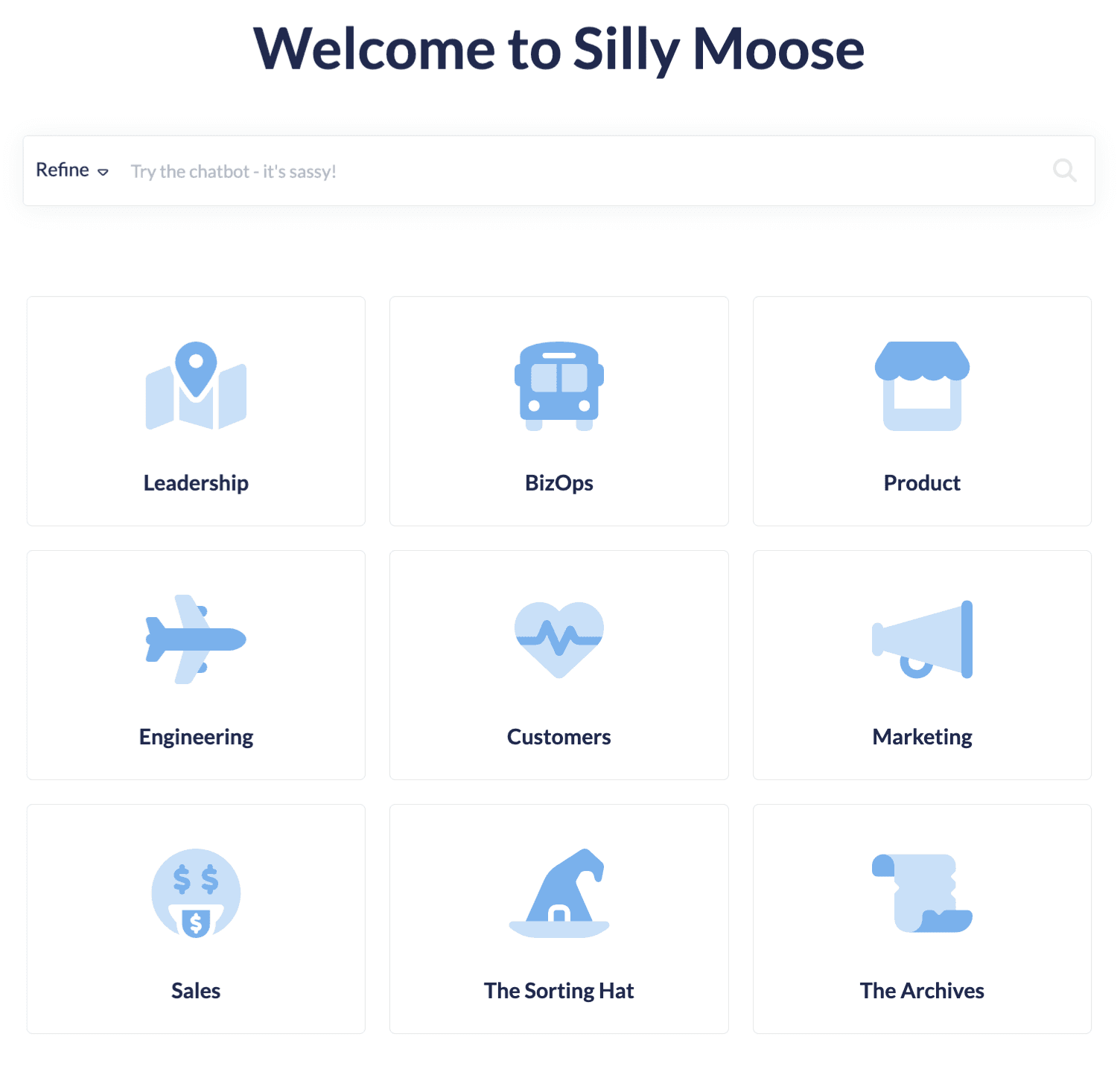 The homepage of KnowledgeOwl’s internal knowledge based called ”Silly Moose” with links to these top-level categories: Leadership, BizOps, Product, Engineering, Customers, Marketing, Sales, The Sorting Hat, The Archives