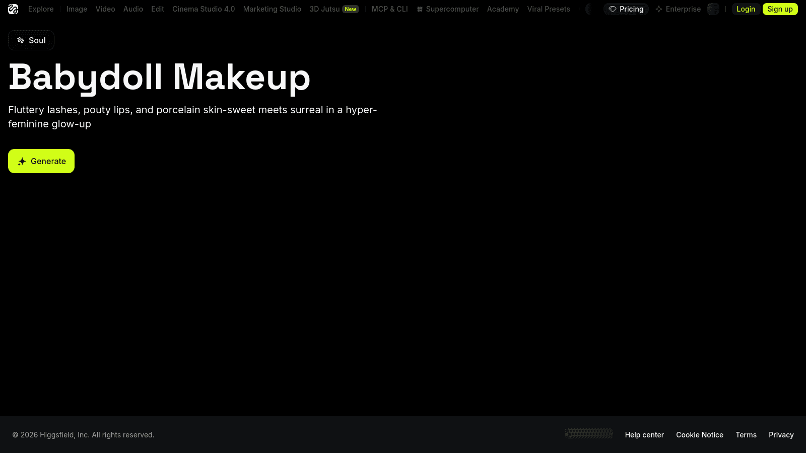 Higgsfield landing page featuring Babydoll Makeup, a generative AI tool with a prominent Generate button.