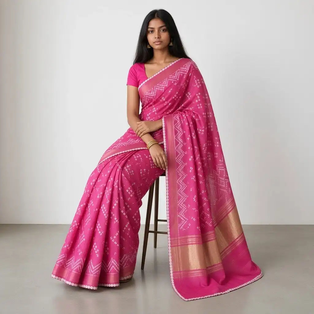 Magenta Pink Bandhani Semi Gaji Silk Saree with Bandheji Border