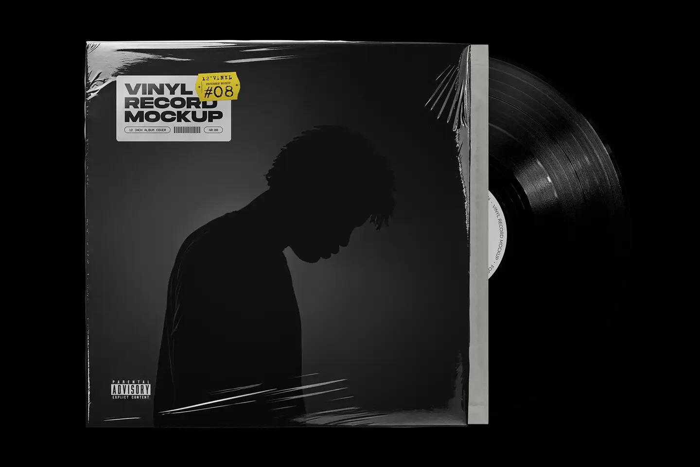 Realistic vinyl record mockup showing plastic wrap album cover and partially visible vinyl