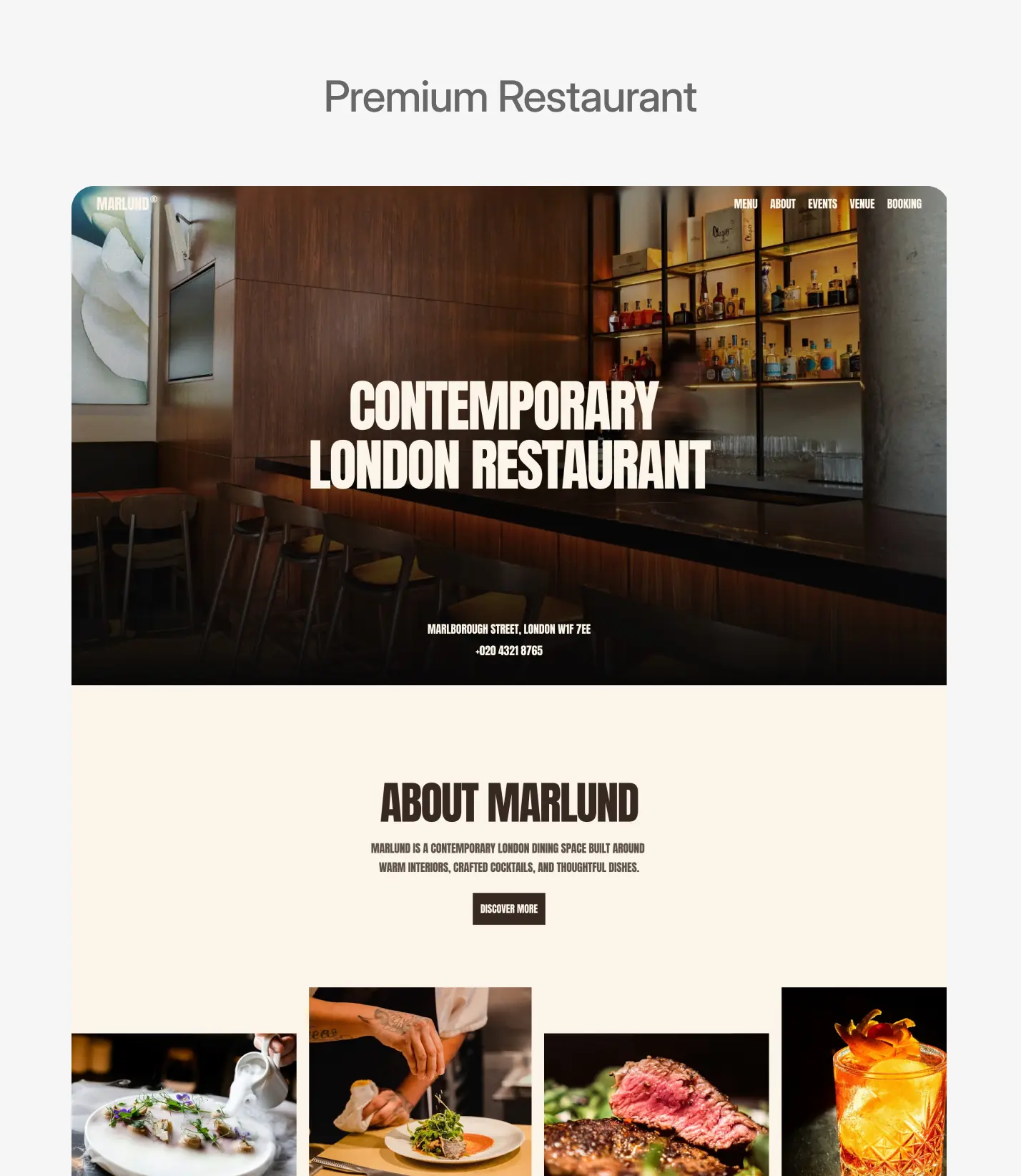 Restaurant website template homepage preview designed for bookings and local traffic