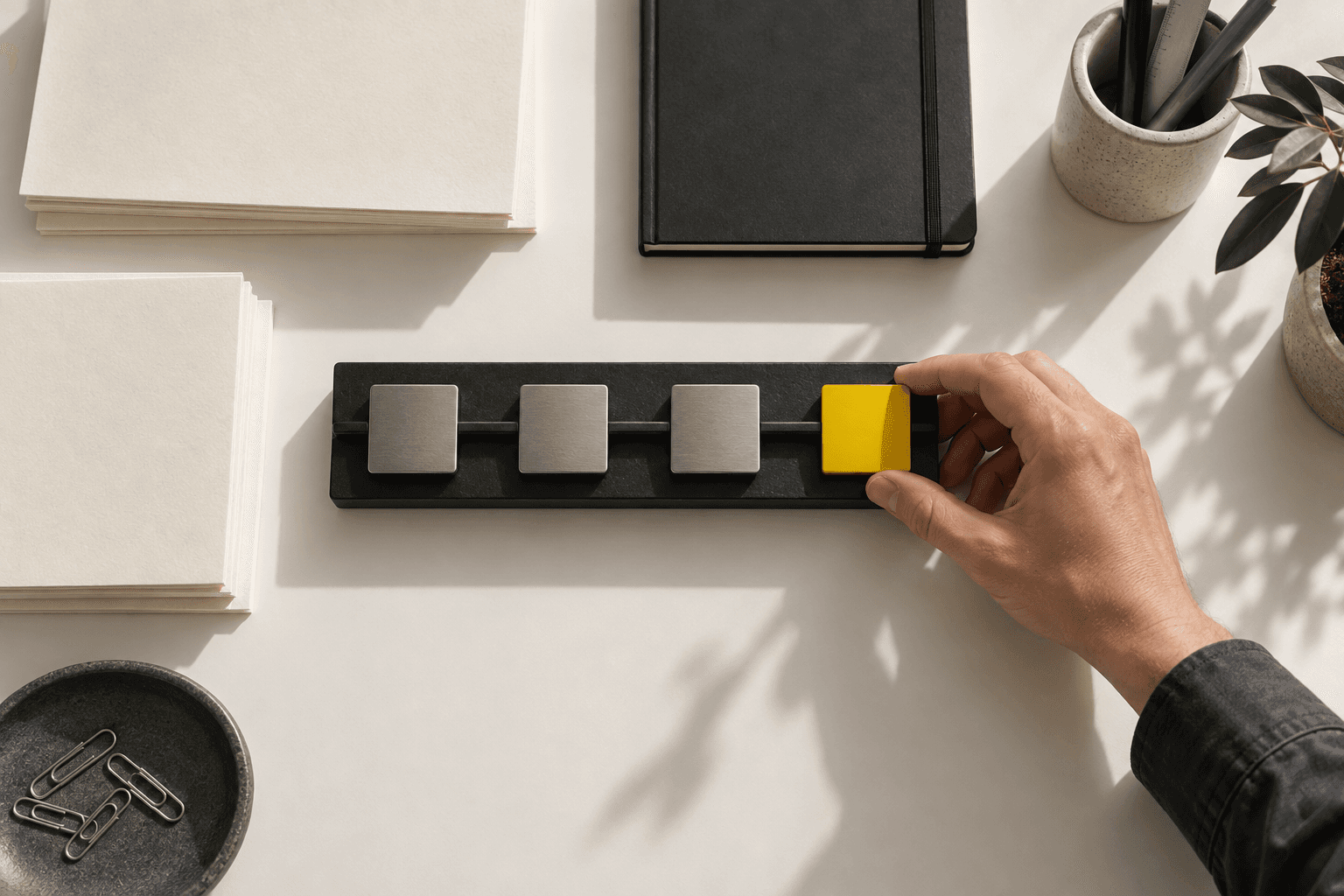 A human hand places a yellow tile at the end of a row of steel tiles, illustrating a final review checkpoint.
