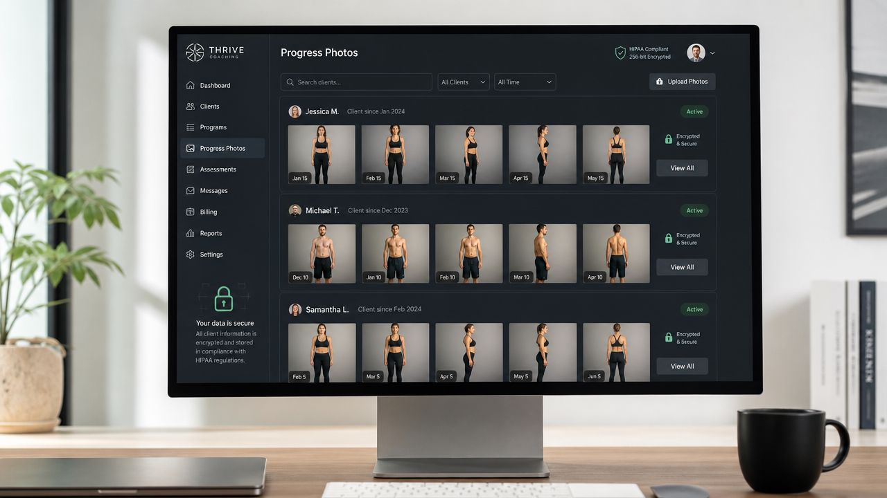 Computer monitor displaying a web application interface showing progress photos of multiple fitness coaching clients.