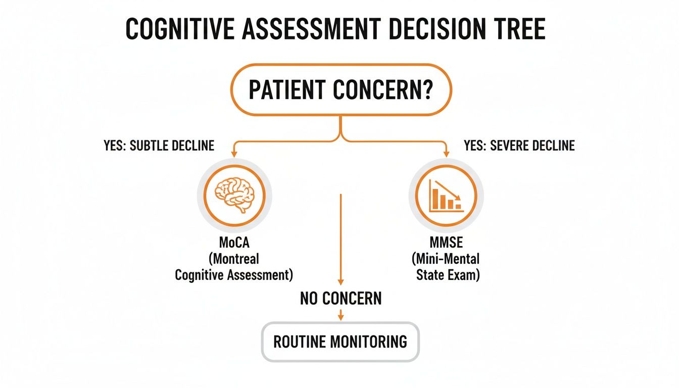 Decision tree illustrating cognitive assessment choices: MoCA for subtle, MMSE for severe decline, routine monitoring for no concern.