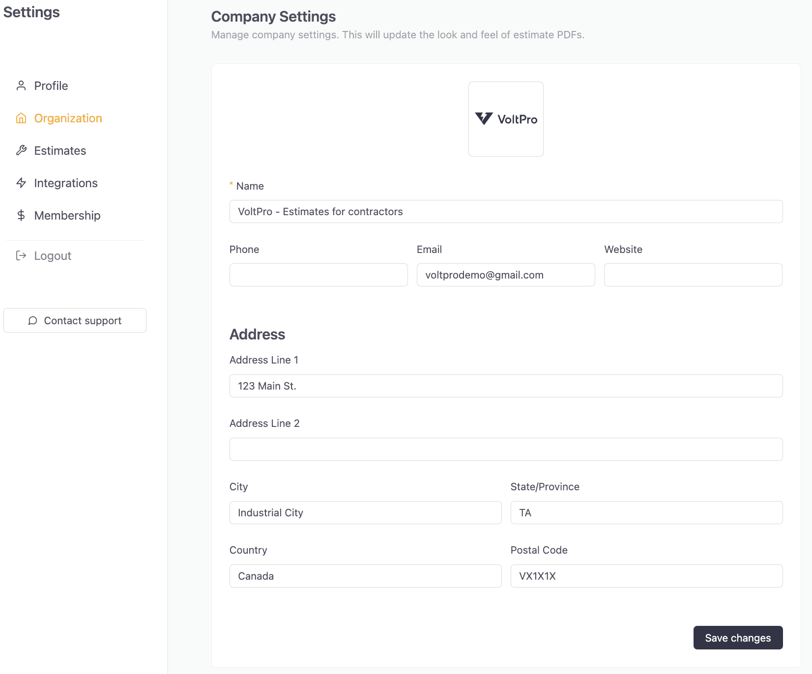 Go to "Settings" > "Organization" to add company information which gets rendered on PDFs.