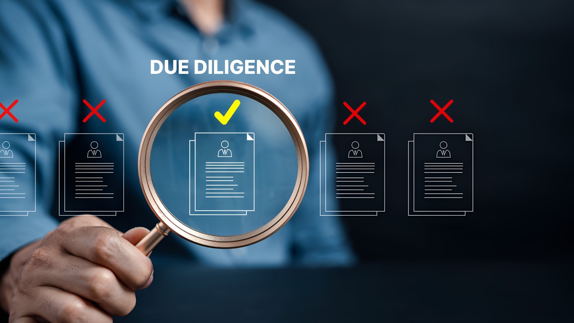 Enhanced Due Diligence process visual showing a magnifying glass highlighting a verified customer profile among rejected documents, symbolising deeper AML risk assessment for banks and fintechs.
