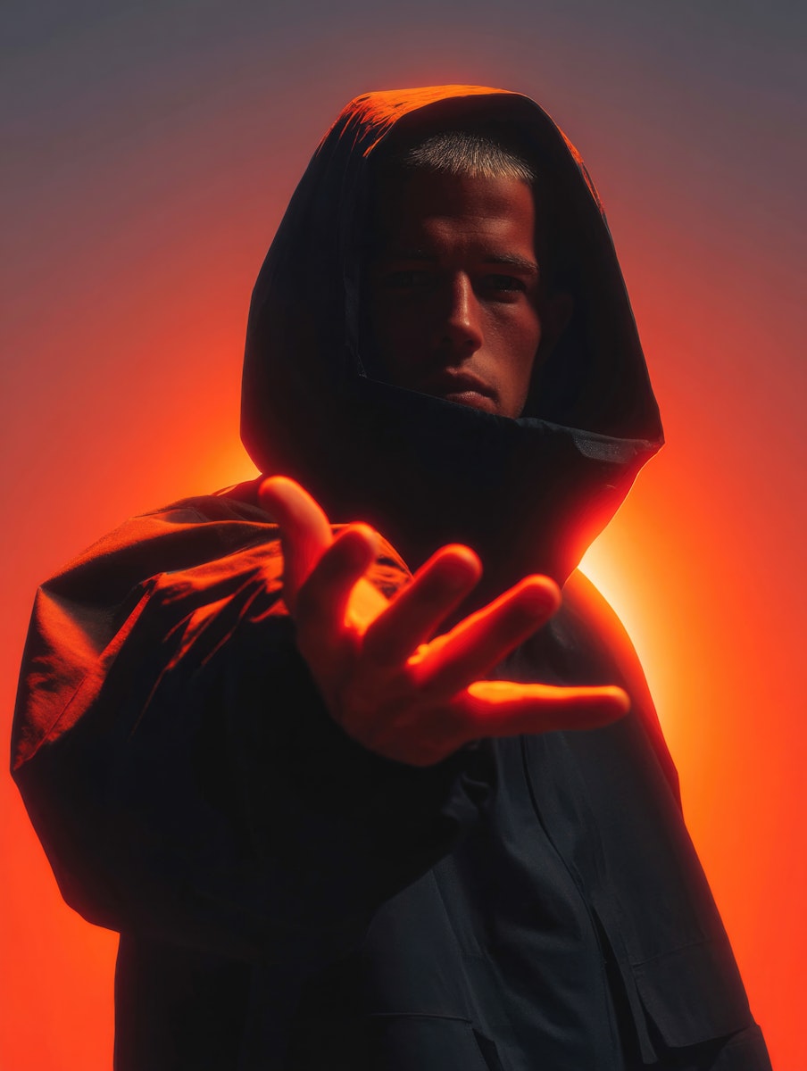 A man wearing a hood in a setting bathed in intense red and orange light