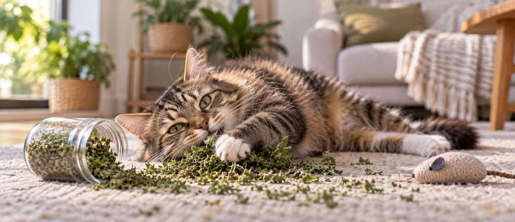A cat rubs its face against spilled dried catnip on the floor.