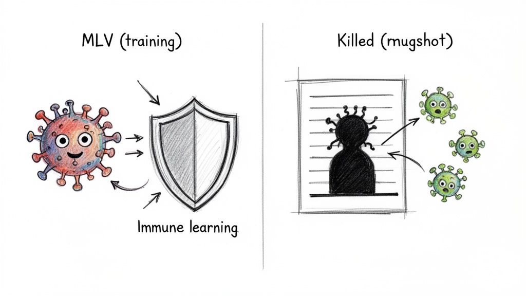 Cartoon comparing MLV (Modified Live Vaccine) training immunity with a shield and Killed vaccine (mugshot) identifying viruses.