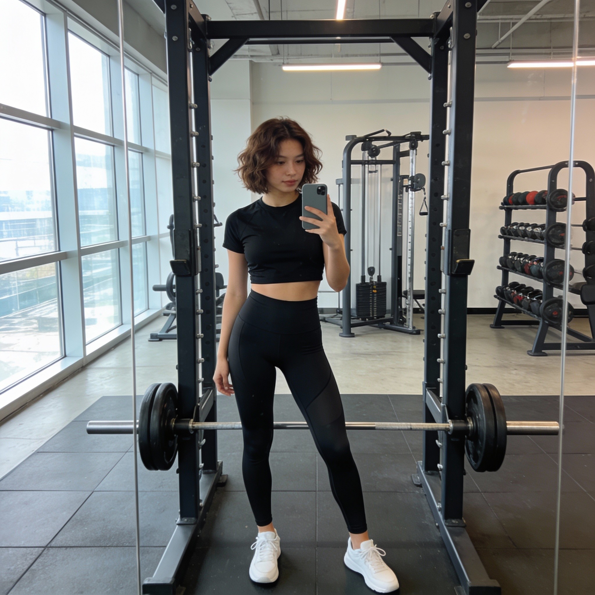 High-detail AI influencer fitness image produced using Seedream 4.5 AI image generator, realistic gym mirror selfie with modern equipment, included in latest AI image generator comparison like GPT Image 1.5 and Nano Banana Pro.