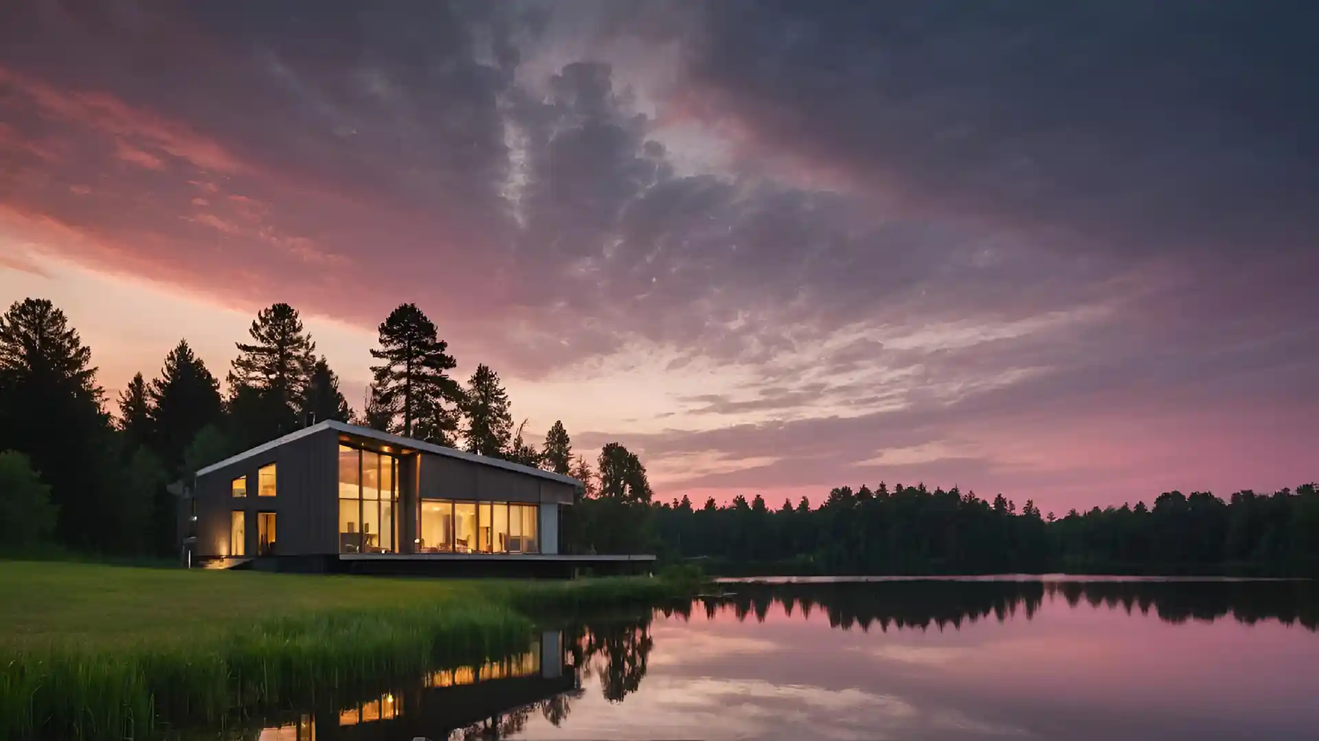 An image of a modern home by a lake