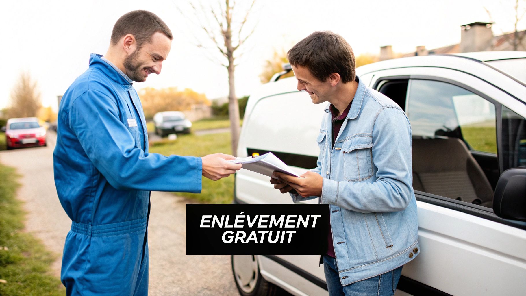 Deux hommes souriants échangent des documents près d'une camionnette, évoquant un service d'enlèvement gratuit.