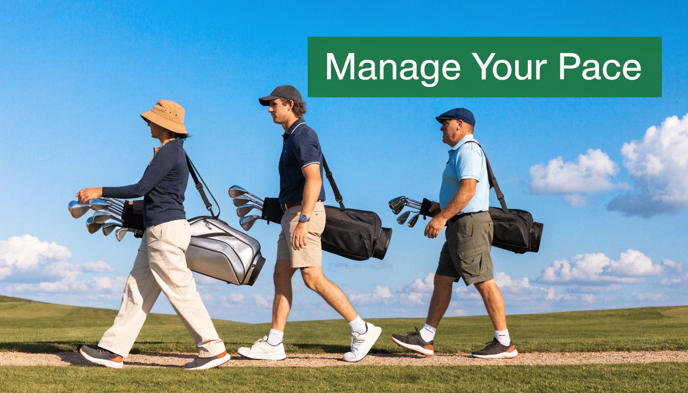Three golfers wearing casual sportswear walking along a path with their golf bags on a sunny day.