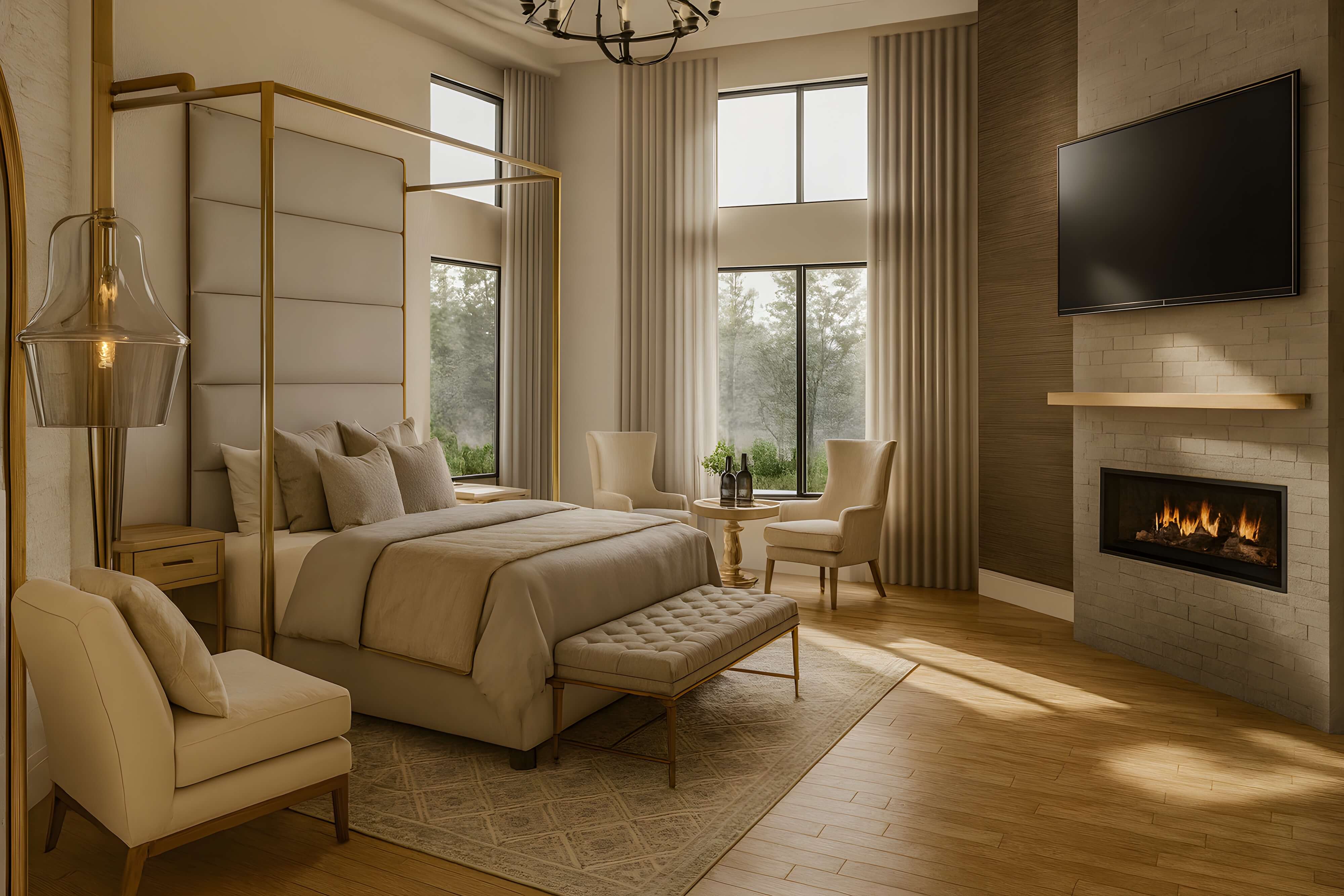 Elegant luxury bedroom featuring a canopy bed with tufted bench, neutral-toned furnishings, floor-to-ceiling windows with drapery, and a modern fireplace with wall-mounted TV.