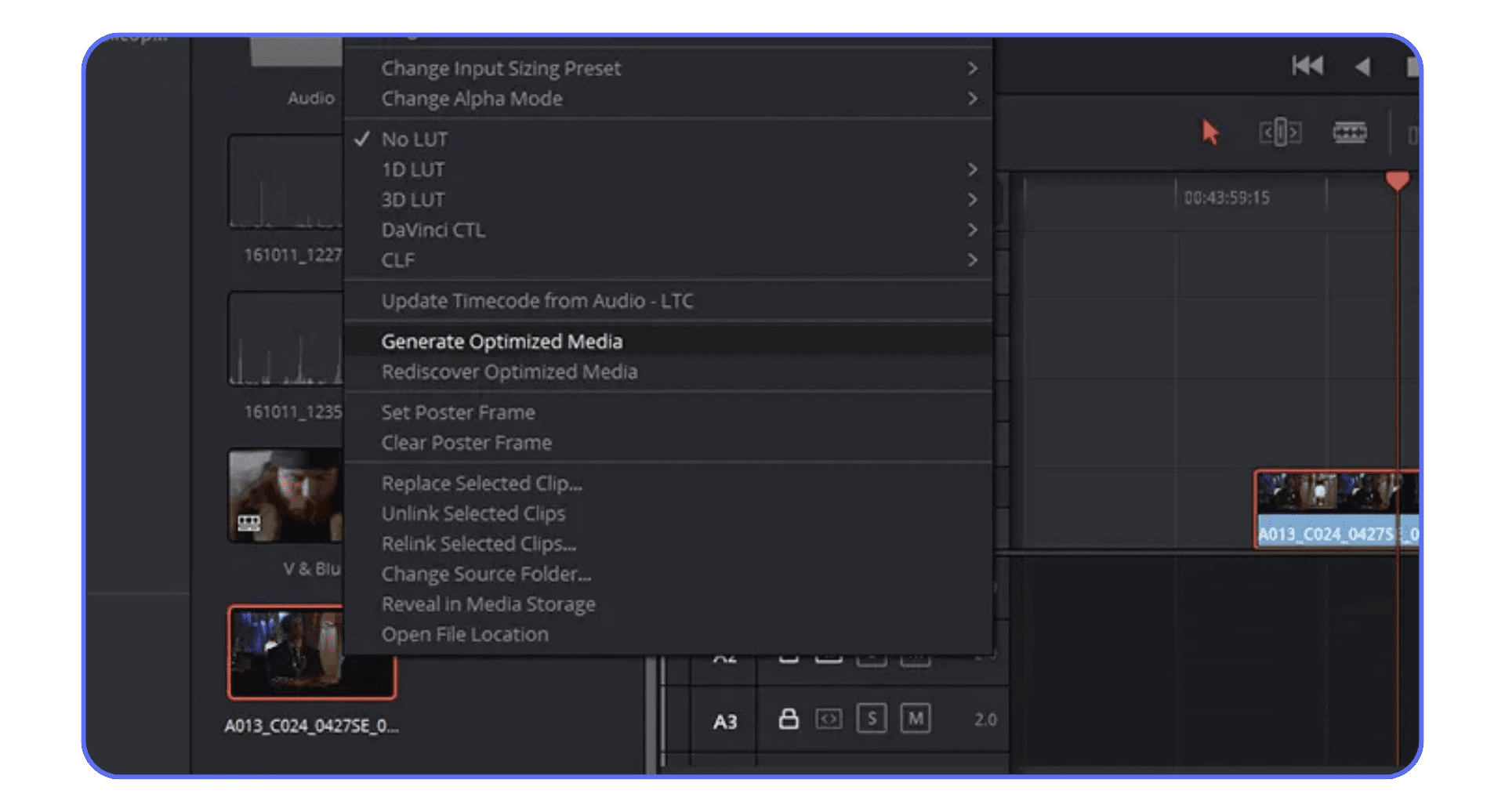 DaVinci Resolve context menu showing Generate Optimized Media option for smoother playback on low-end systems