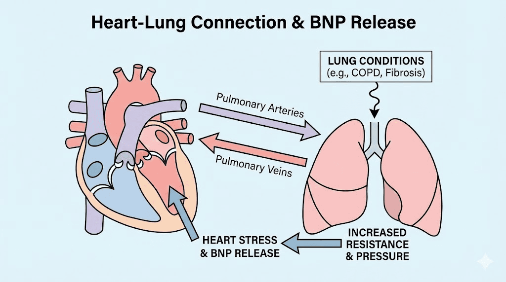 Diagram showing how pulmonary conditions cause elevated BNP through right heart strain