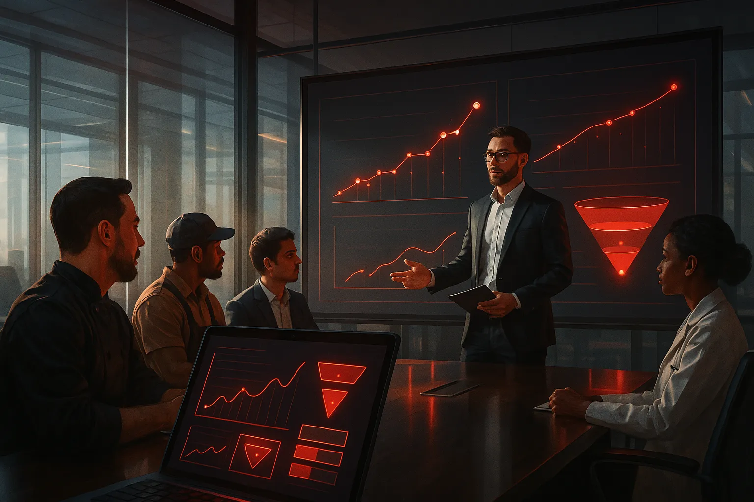 Meeting at RockN' Socials Digital Marketing Agency discussing growth charts.