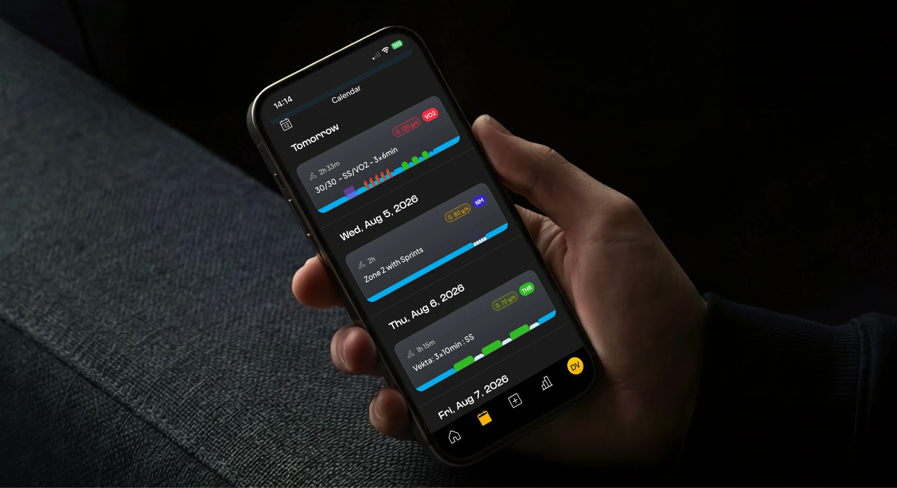 The Vekta mobile calendar showing upcoming sessions, each with its own carbohydrate target: 120 g/h for a VO2max workout, 80 g/h for a Zone 2 ride and 70 g/h for a threshold session