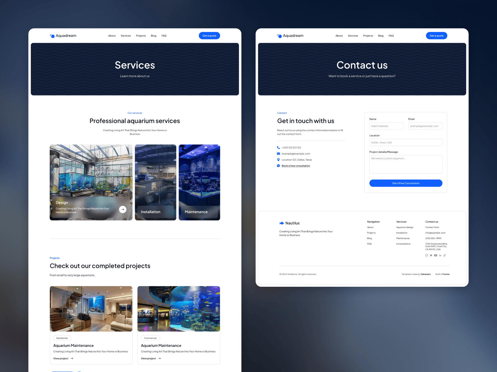 Aquadream services and contact page with clean layout on blue background