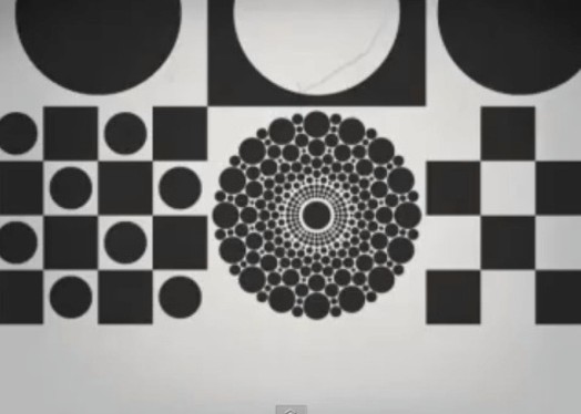 illustration of circles made of dots and squares made of white and black small squares and dots