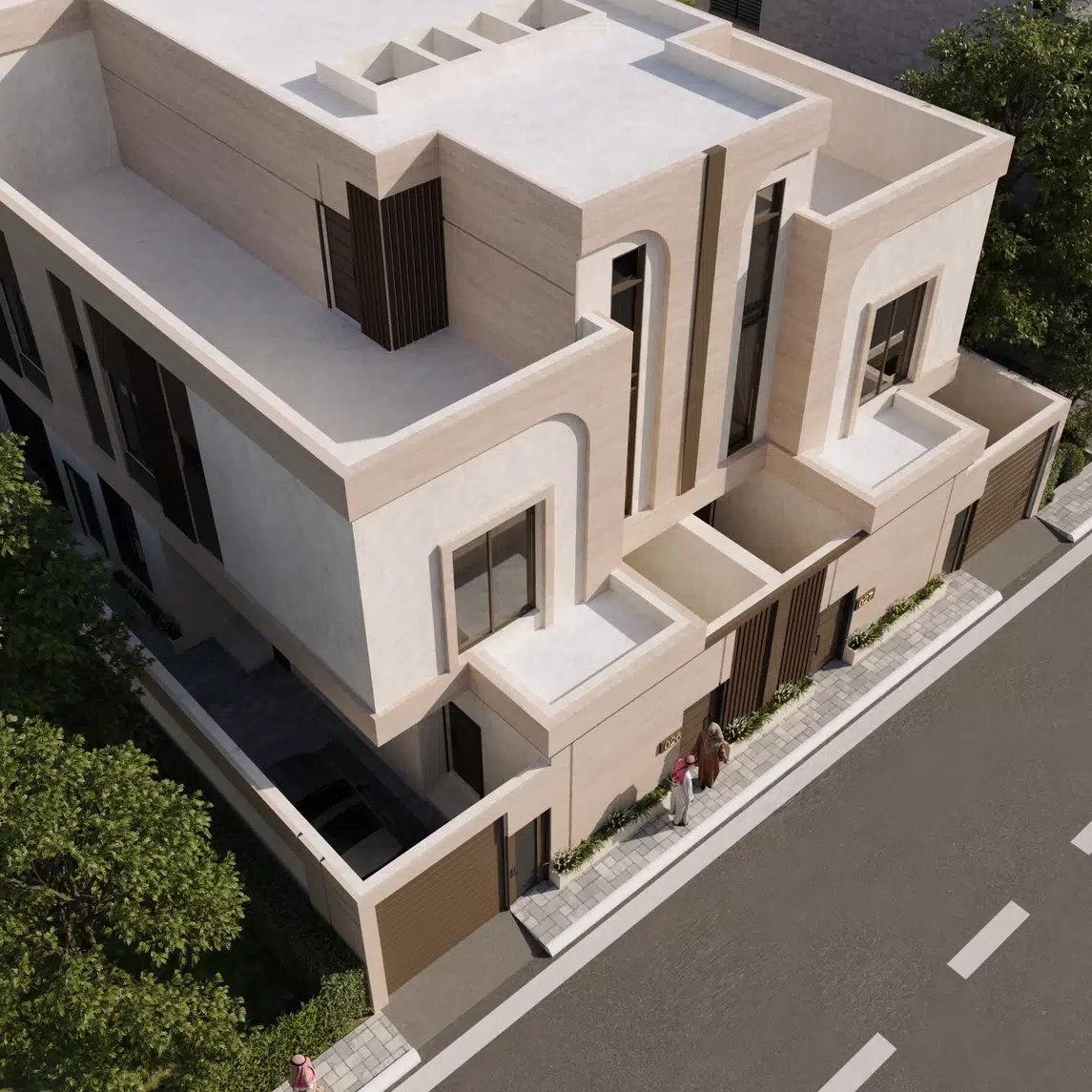 منظور علوي لتوأم فيلا حديثة يوضح توزيع الكتل المعمارية والأسطح والمداخل المطلة على الشارع.