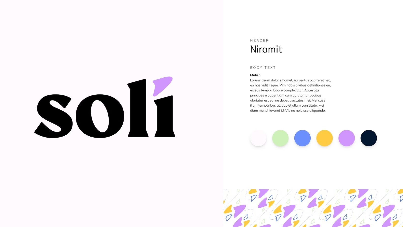 Style guide for soli, featuring the logo, fonts and colors