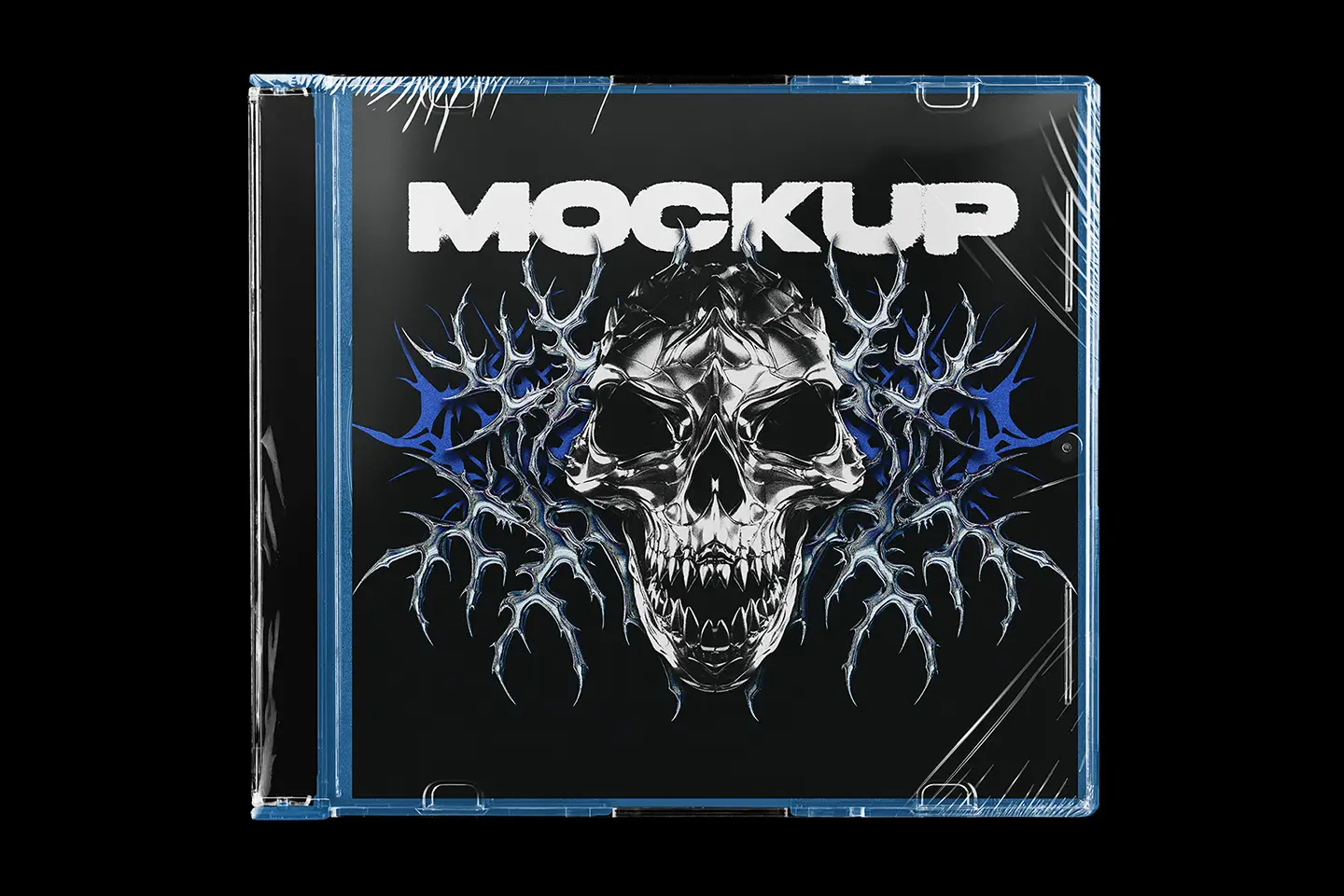 Maxi Single CD Slim Case Mockup showing a metallic skull design with realistic light reflections