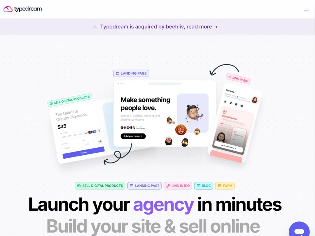 Typedream website hero section with Screenshot graphics above the headline