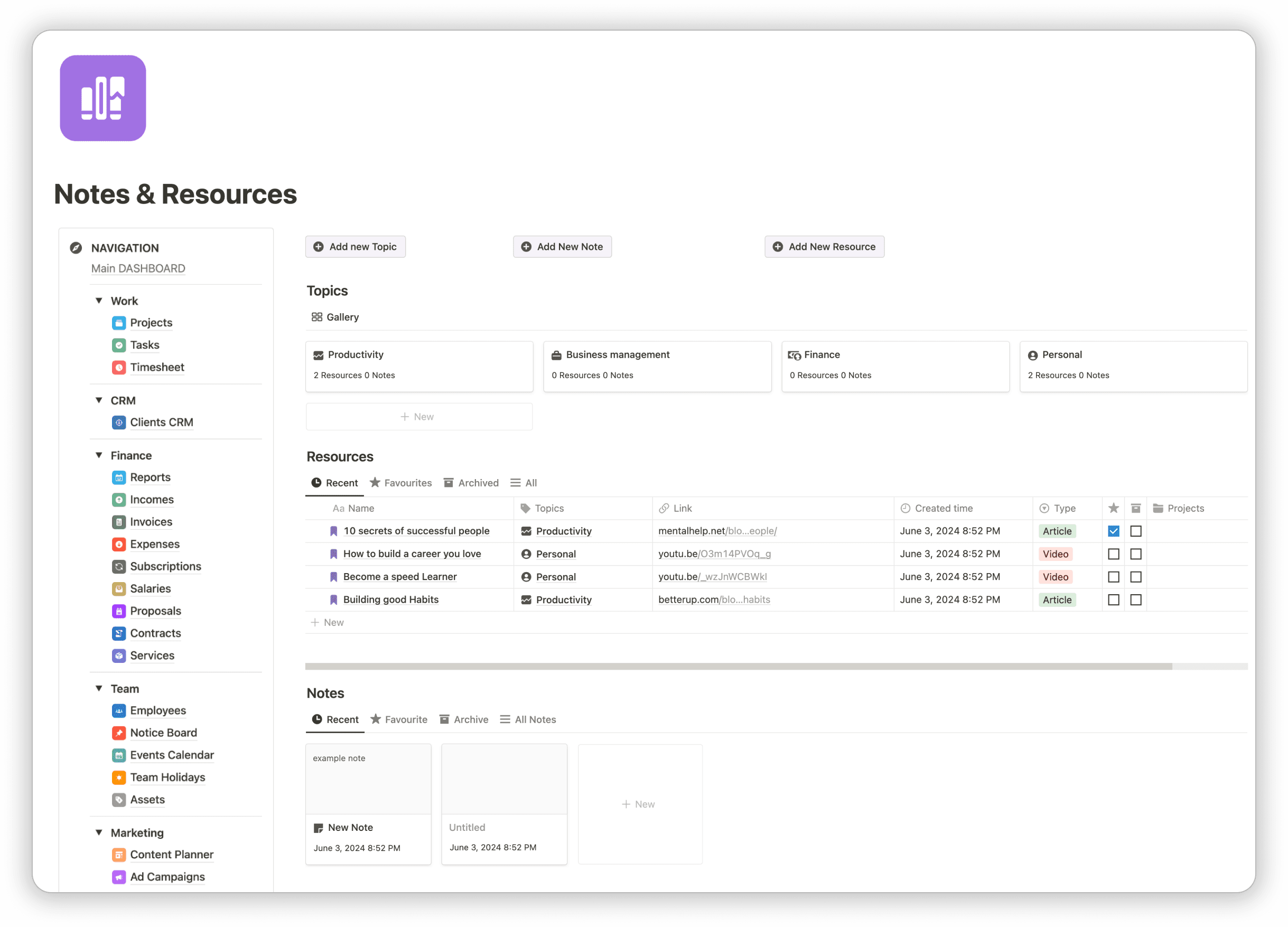 Notes and Resources Notion Business OS