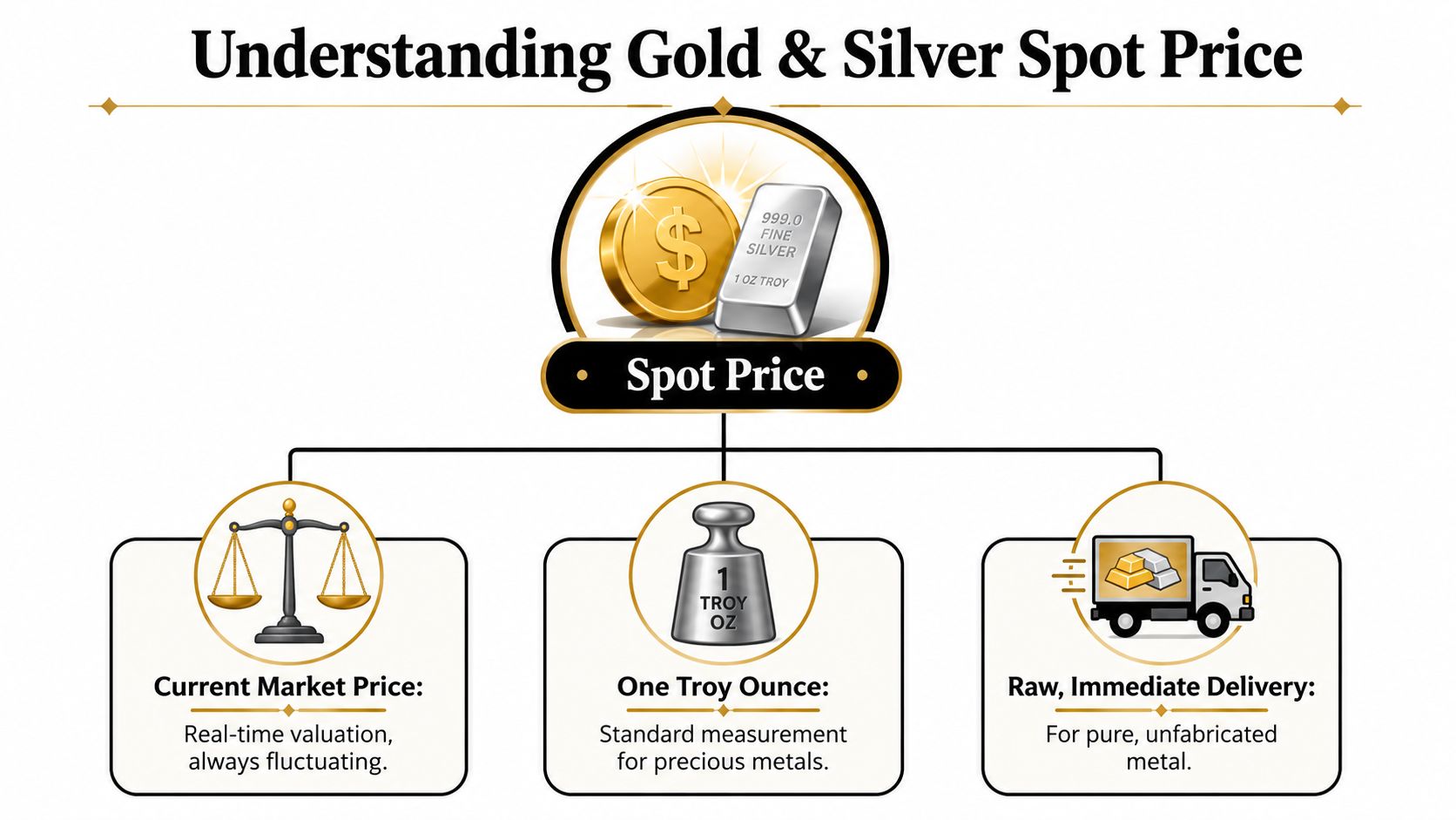 An infographic explaining the gold and silver spot price based on current market valuation, weight, and immediate delivery.