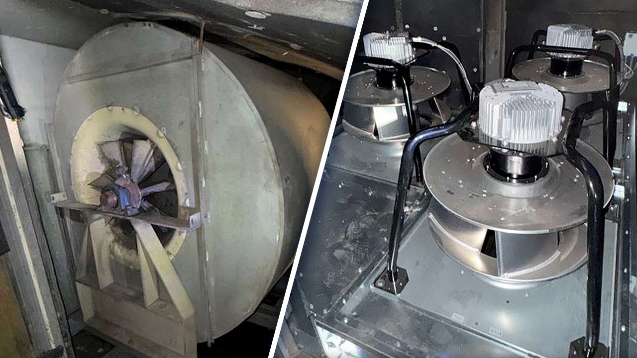 Before-and-after hospital return fan retrofit at Lenox Hill Hospital in NYC with old blower replaced by direct-drive EC fan wall | GRR Cooling Experts, NYC