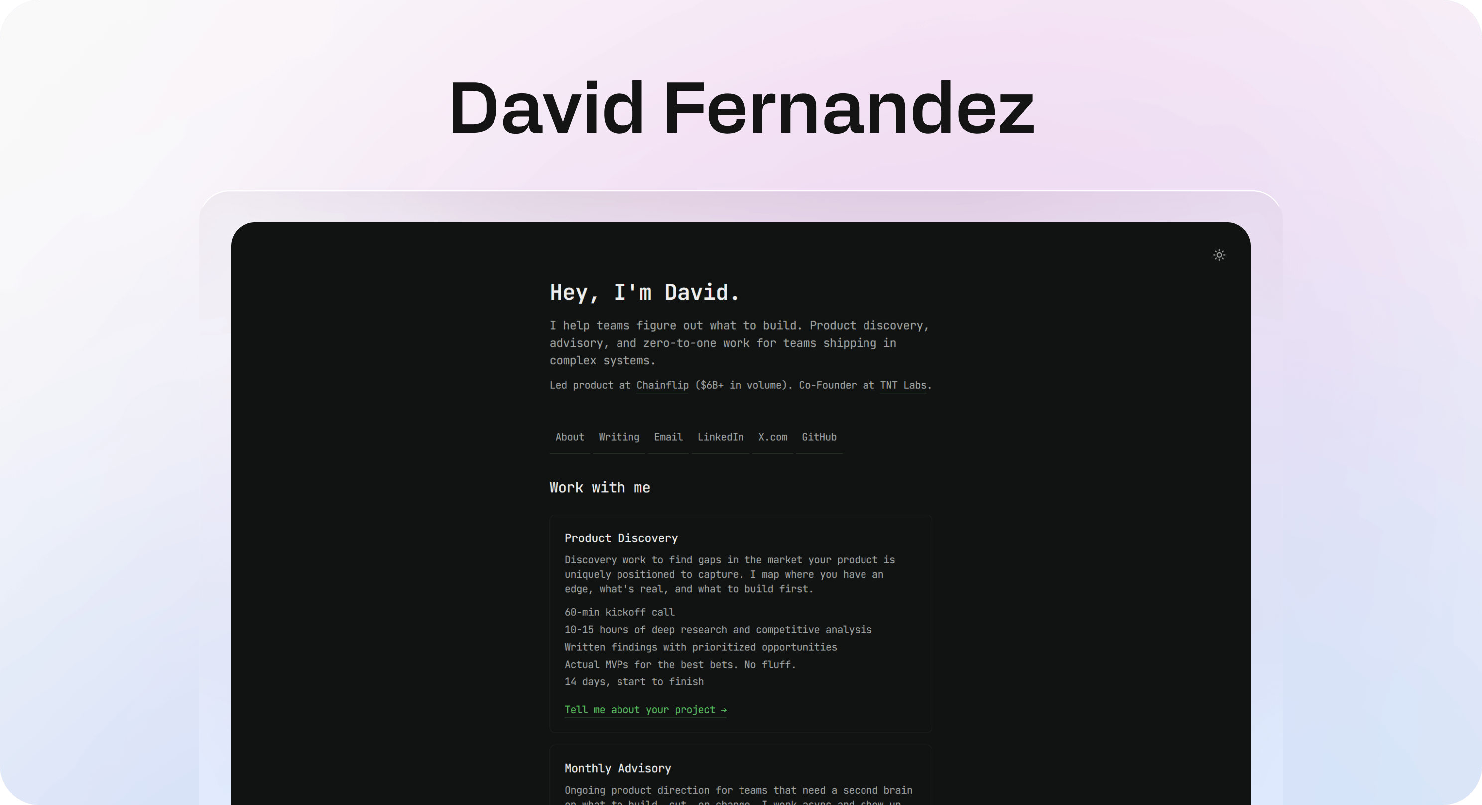 David Fernandez personal website showing product advisory services, navigation, and a dark minimal layout.