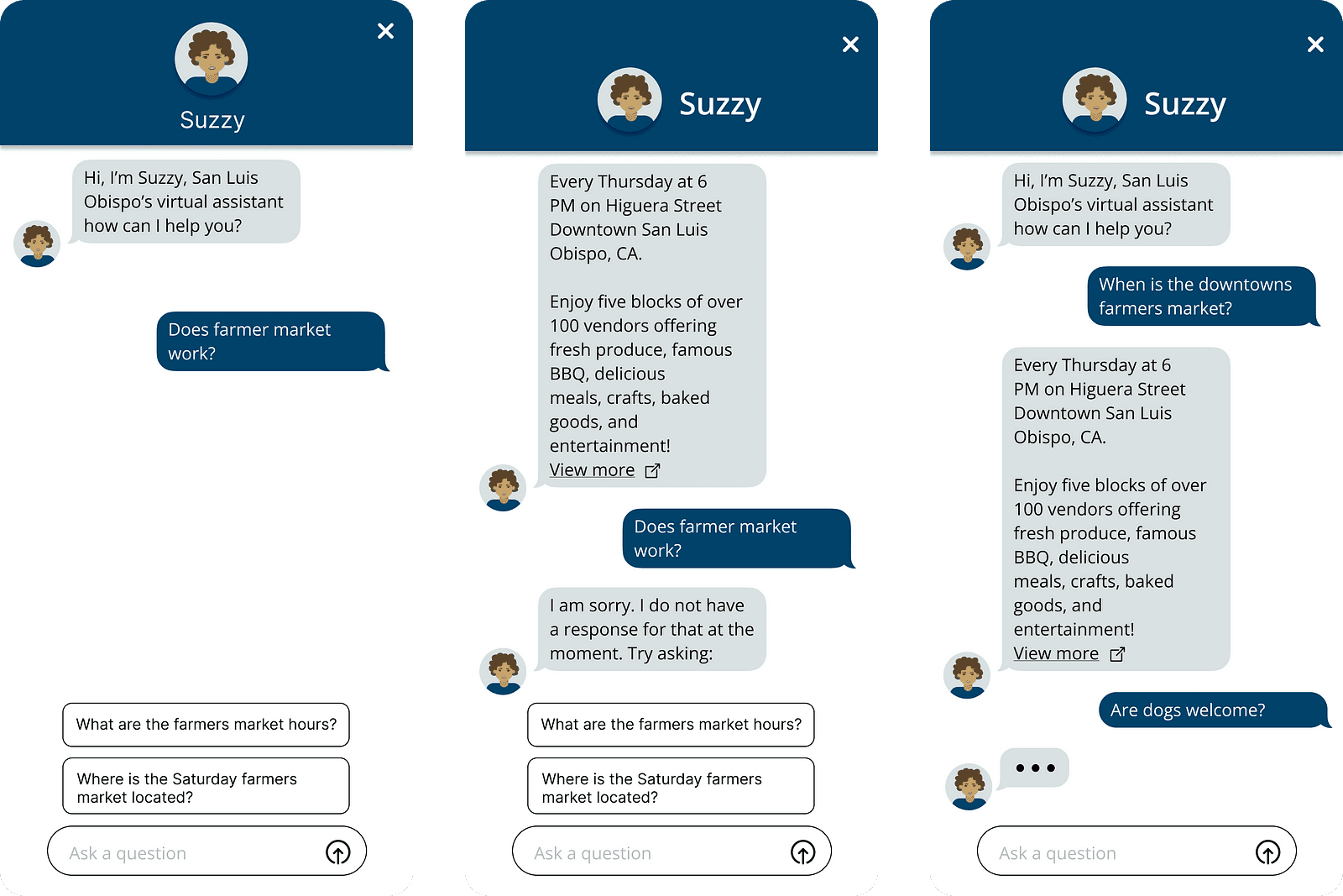 Initial chatbot screen designs.