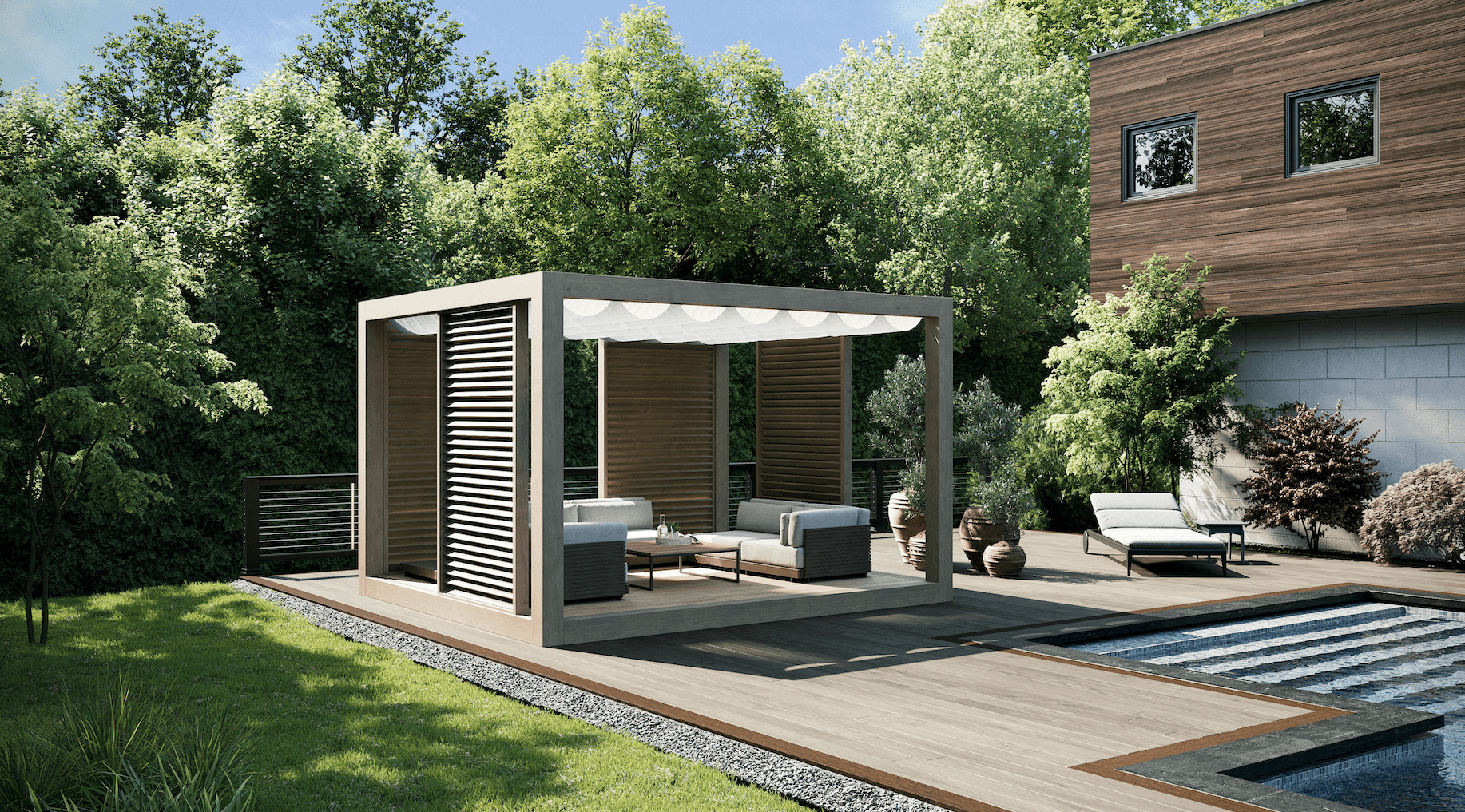 Moderní zahradní pergola TerraBlock – přírodní dřevo, stylová terasa