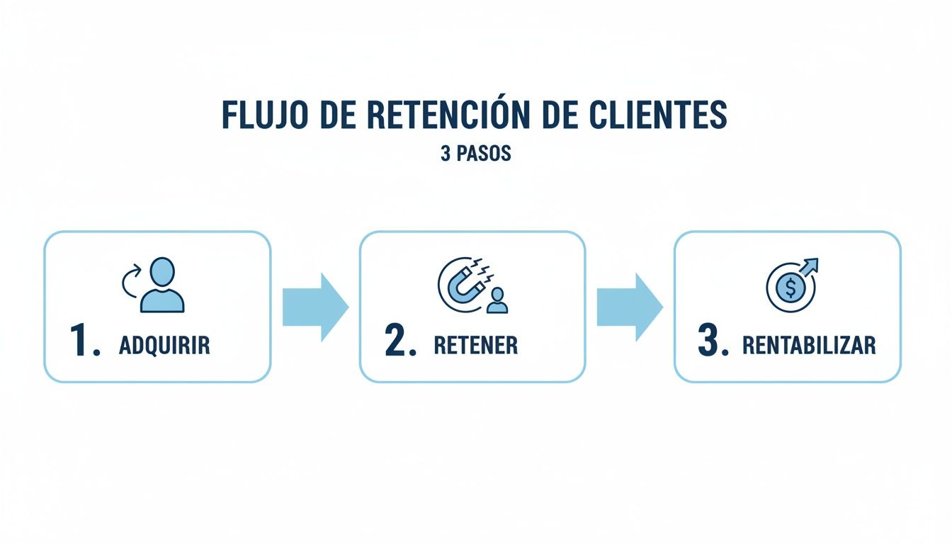 Diagrama de 3 pasos para el flujo de retención de clientes: adquirir, retener y rentabilizar.