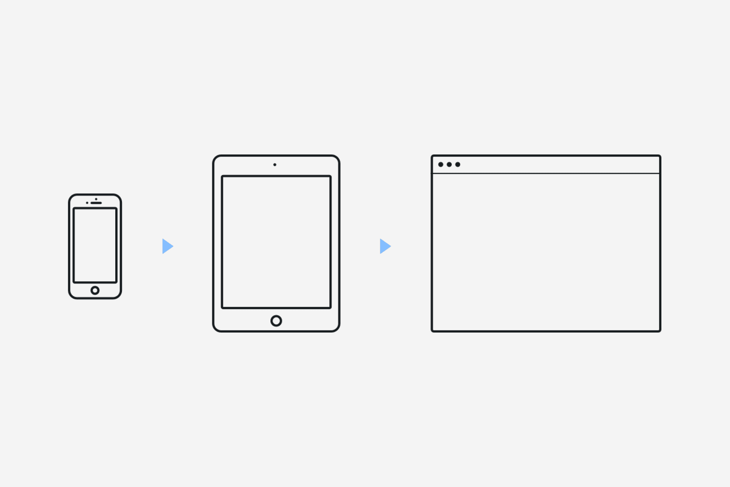 Outlined illustration of a mobile, tablet, and desktop.