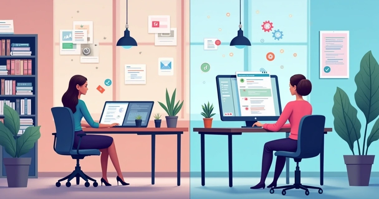 Secretária presencial organizando papelada, enquanto assistente virtual aparece em tela de computador respondendo no WhatsApp 