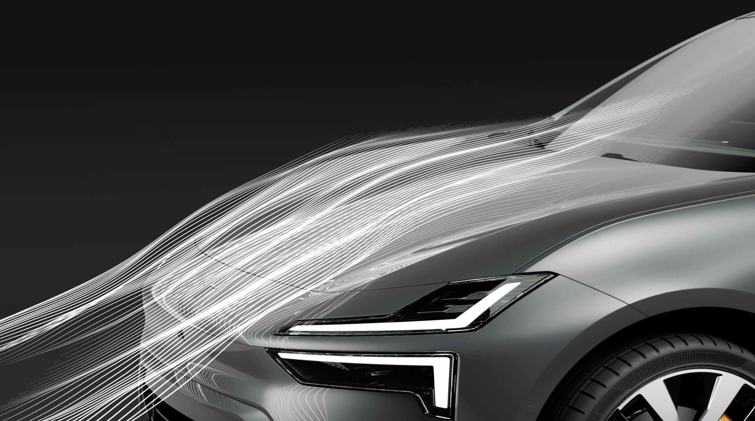 Face avant de la Polestar 4 avec visualisation des flux d’air et du travail aérodynamique