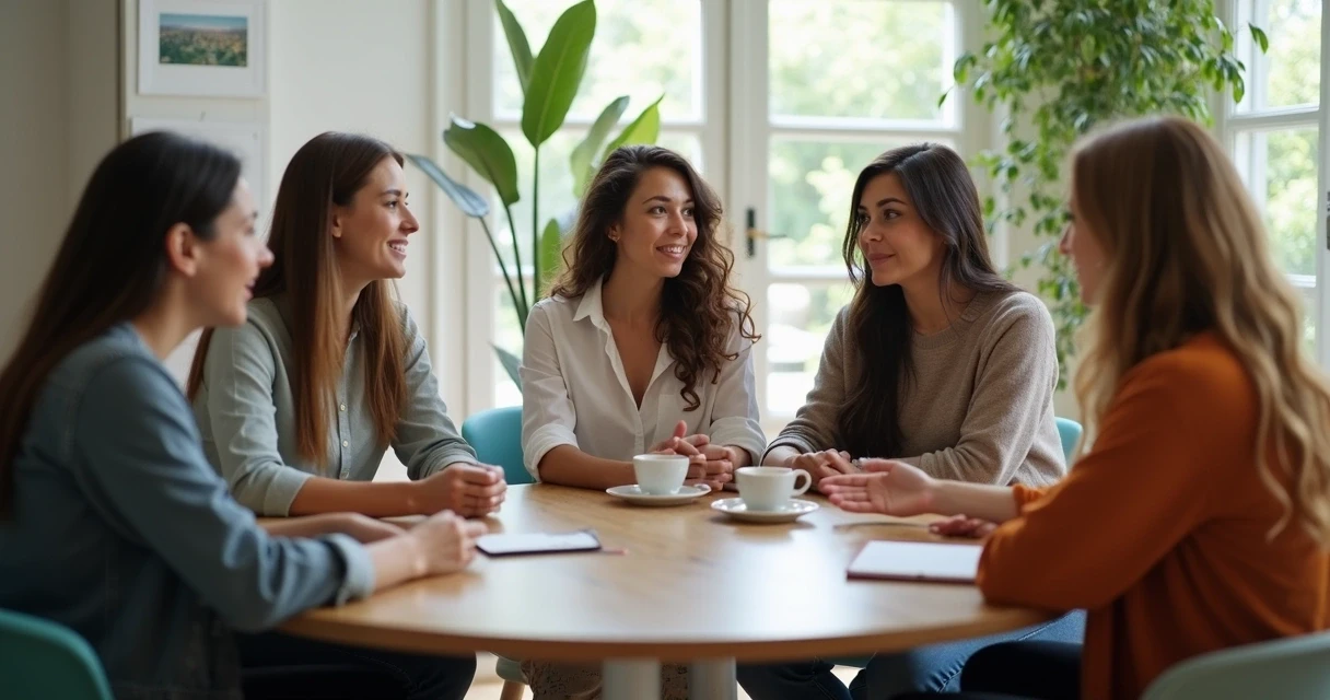 Nutricionistas sentados em círculo trocando ideias durante sessão de mentoria 