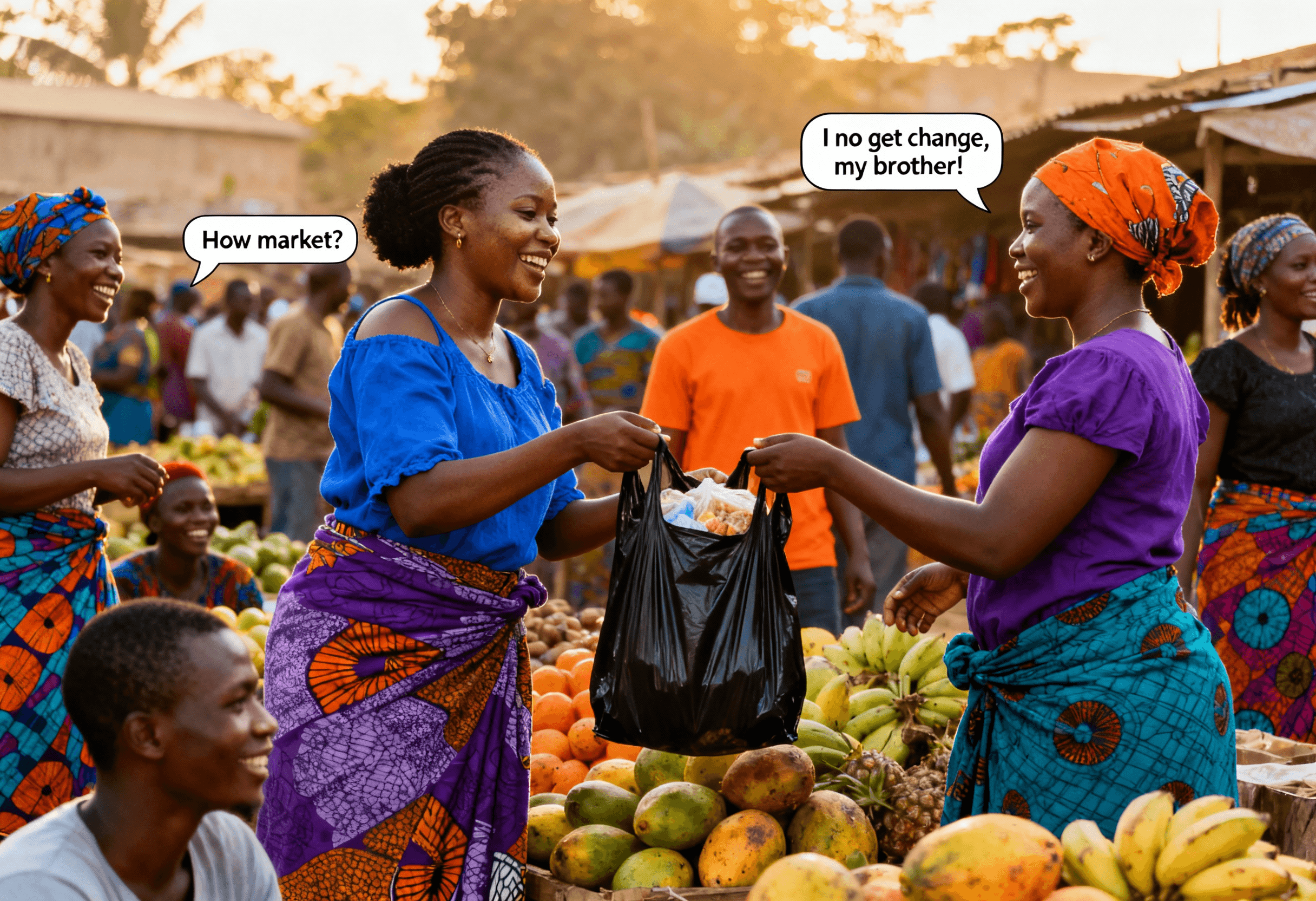A lively outdoor market in Africa where two women are smiling and exchanging goods. One woman in a blue blouse and patterned skirt hands a black plastic bag to another in a purple top and orange headscarf, surrounded by fruits like mangoes and bananas. Speech bubbles say “How market?” and “I no get change, my brother!”