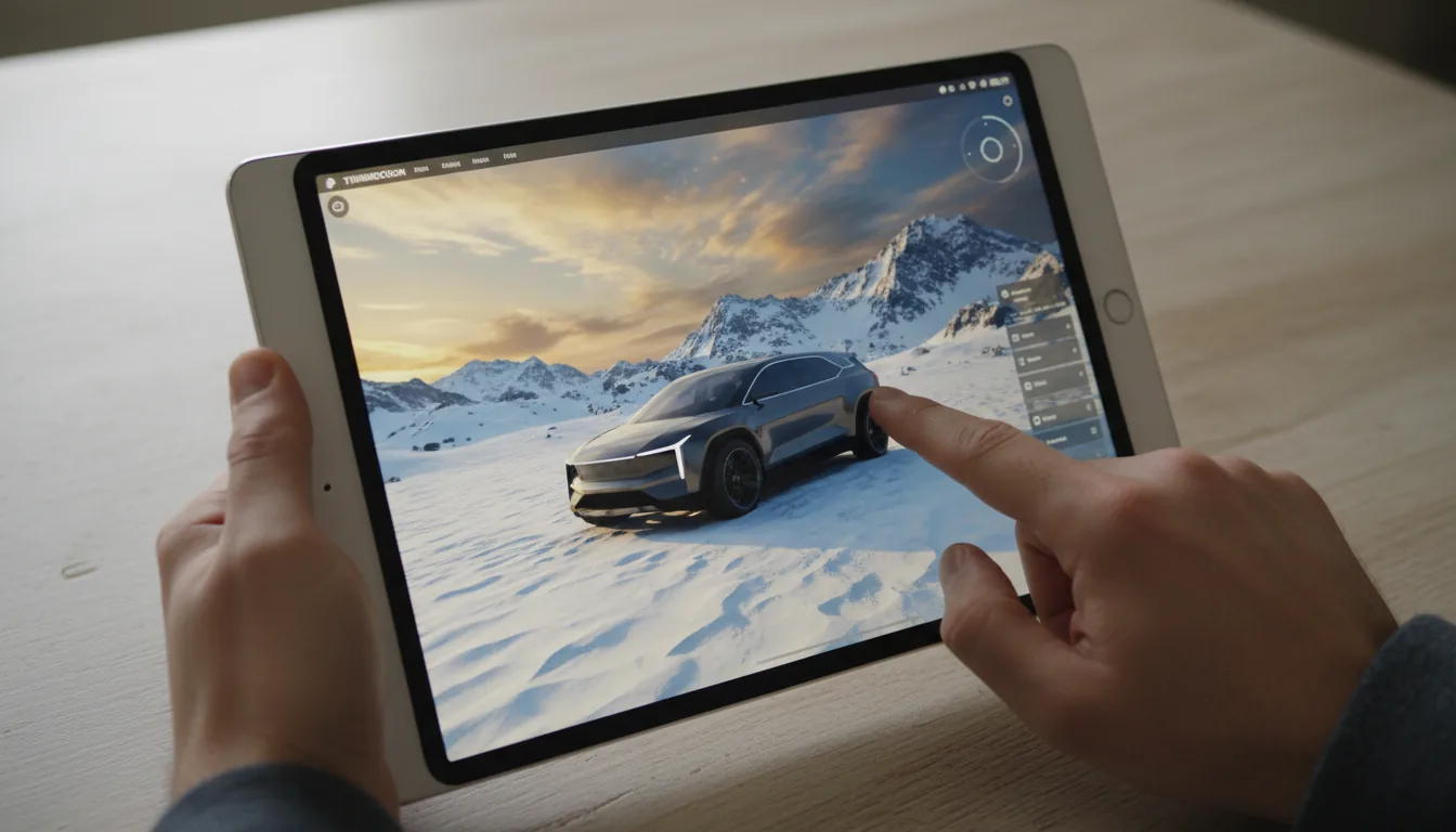 High-angle close-up DSLR shot of a designer's hands holding a silver iPad on a light wood grain desk. The person's finger is interacting with the screen, which displays the Twinmotion software interface. On the screen is a photorealistic 3D render of a dark gray modern concept SUV on a vast, textured snowy landscape under a dramatic golden hour sky, with minimalist UI elements visible. Soft, diffused natural daylight illuminates the scene, creating gentle reflections. Shallow depth of field, keeping the iPad screen and finger in sharp focus while the hands and wood grain background are slightly soft.