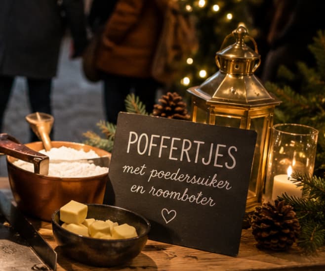 Verse poffertjes en winterse lekkernijen tijdens sfeervolle kerstmarkt voor bedrijven