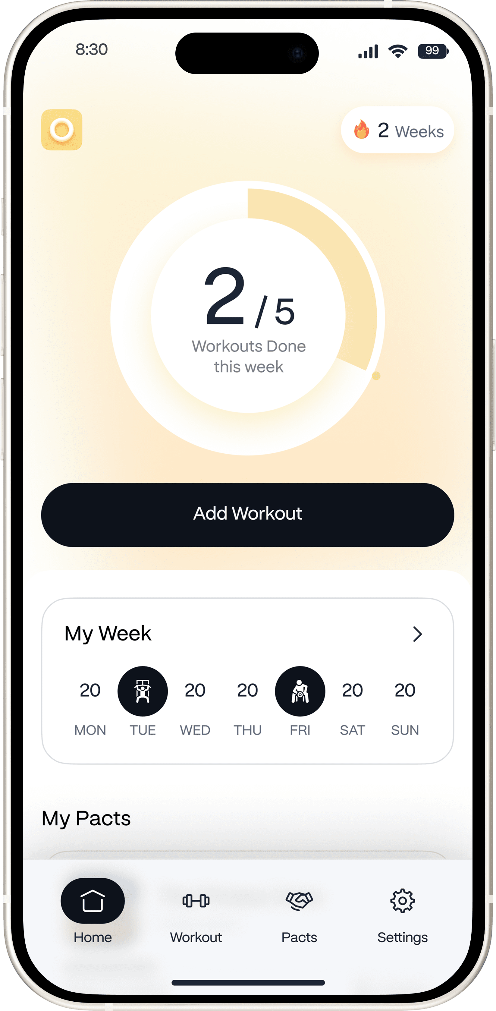 Loopday app home screen showing weekly workout progress with 2 out of 5 workouts completed and a 2-week streak badge.