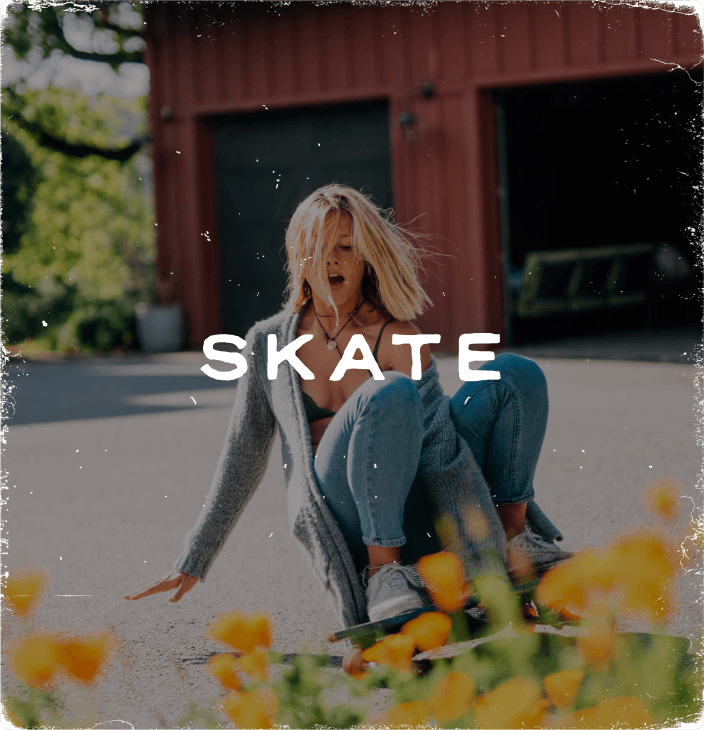 Rustic photo of a woman on a skateboard labeled 'Skate'