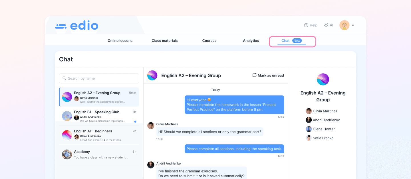 edio teacher chat view showing all language class group conversations in built-in school platform