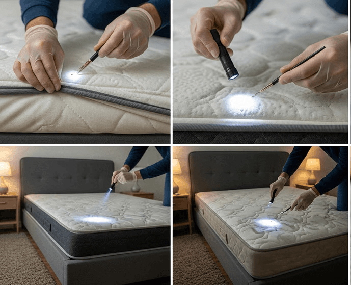 Technician in full protective gear performing insecticide spray treatment inside a facility